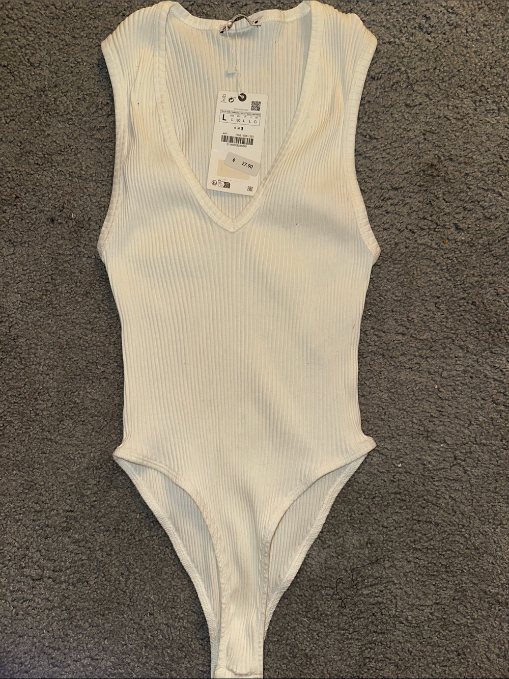 Zara white Ribbed V-Neck One-Piece Bodysuit nwt size large